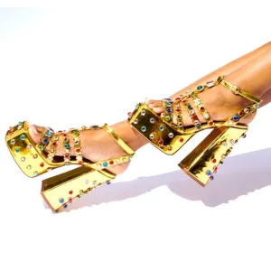 Gemstone bedded ,chunky block ,runway  sandals platform .crystals rhinestone.