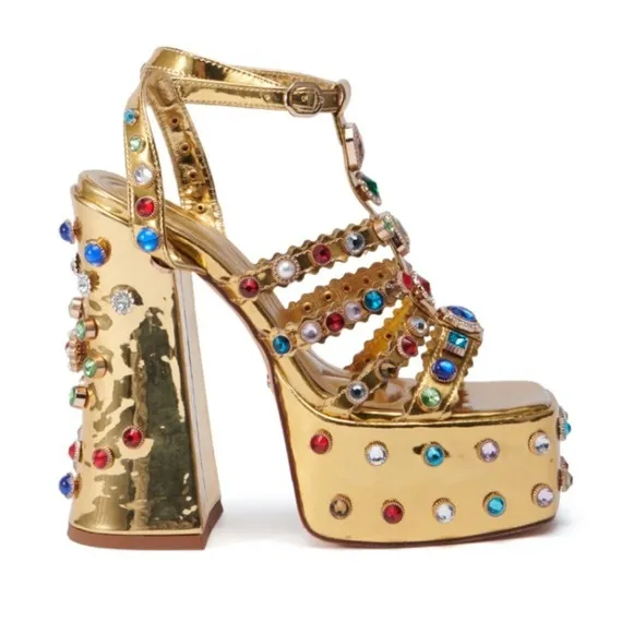Gemstone bedded ,chunky block ,runway  sandals platform .crystals rhinestone.