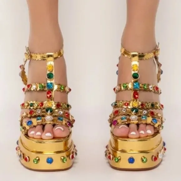 Gemstone bedded ,chunky block ,runway  sandals platform .crystals rhinestone.