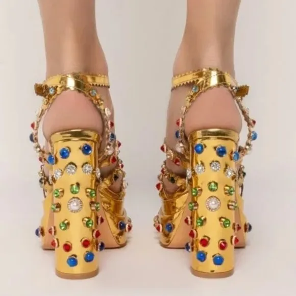 Gemstone bedded ,chunky block ,runway  sandals platform .crystals rhinestone.