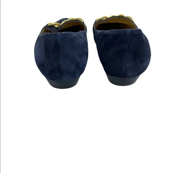Gently Used Royal Blue Suede Slip-on Flats with Gold Linked Embellishments Sz 9N