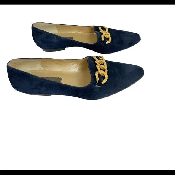 Gently Used Royal Blue Suede Slip-on Flats with Gold Linked Embellishments Sz 9N