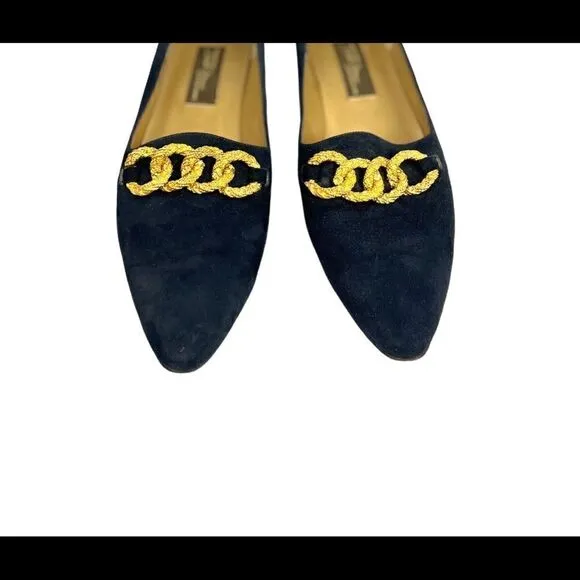 Gently Used Royal Blue Suede Slip-on Flats with Gold Linked Embellishments Sz 9N
