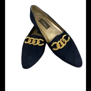 Gently Used Royal Blue Suede Slip-on Flats with Gold Linked Embellishments Sz 9N