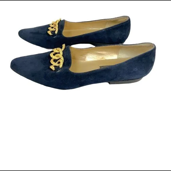 Gently Used Royal Blue Suede Slip-on Flats with Gold Linked Embellishments Sz 9N