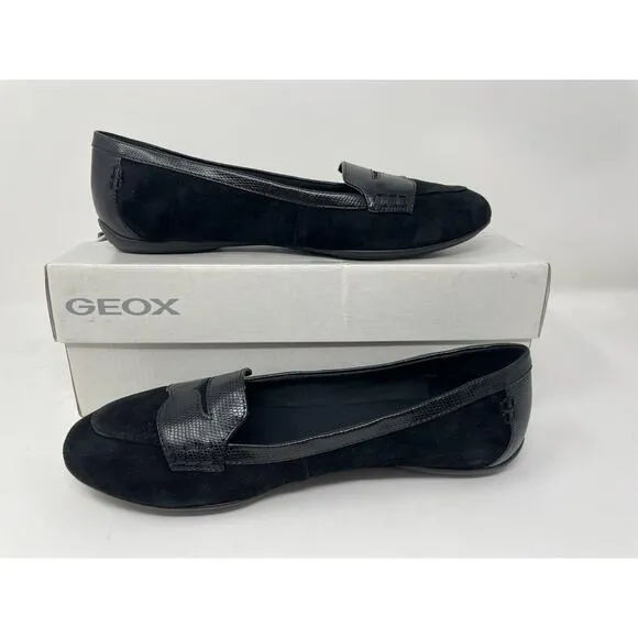 Geox Charlene Black Goat Suede Leather Slip On Flat Loafers Size 38