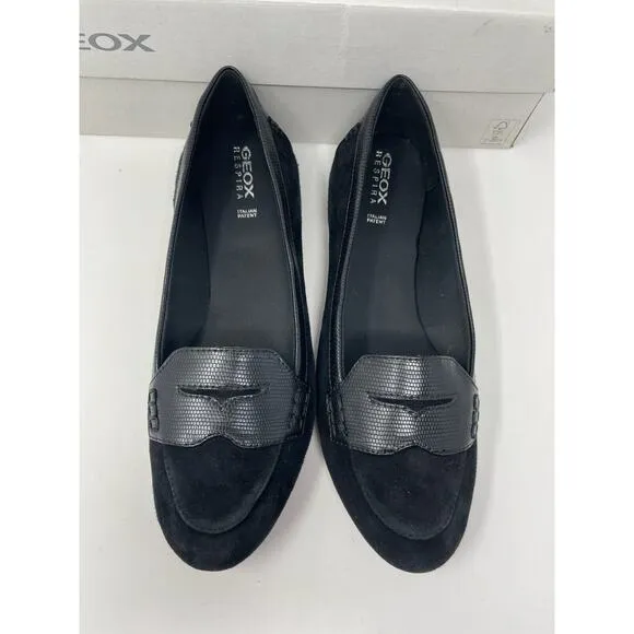 Geox Charlene Black Goat Suede Leather Slip On Flat Loafers Size 38