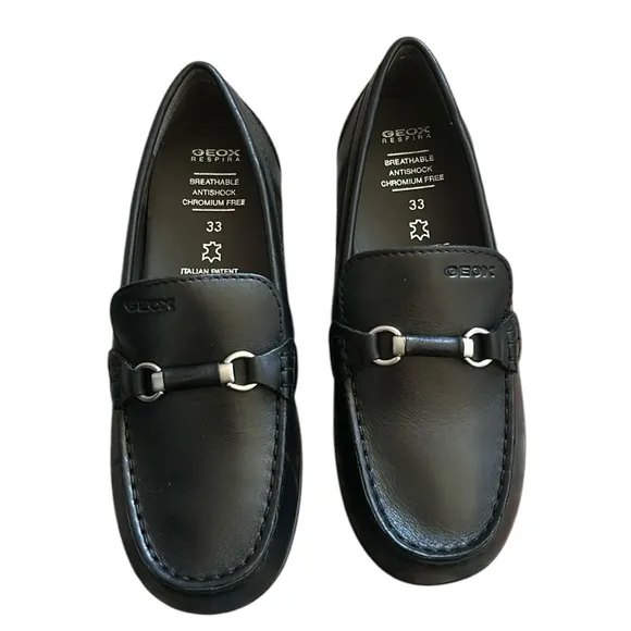 Geox Kids Fast 3 Loafers Leather Round Toe Slip On Black Size 33/US 2 Little Kid