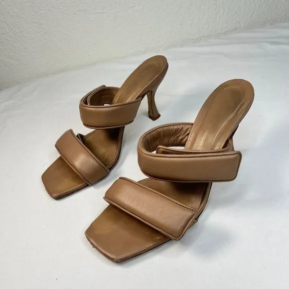 GiaBorghini Pernille Teisbaek Two-Band Puffy Slide Sandals Tan Leather 39.5
