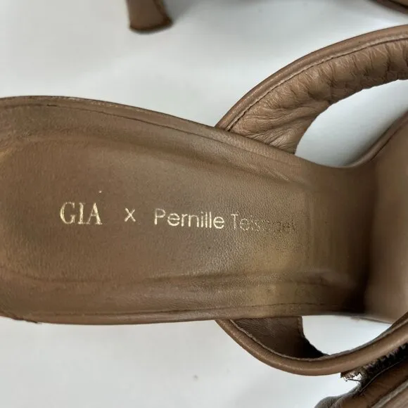GiaBorghini Pernille Teisbaek Two-Band Puffy Slide Sandals Tan Leather 39.5