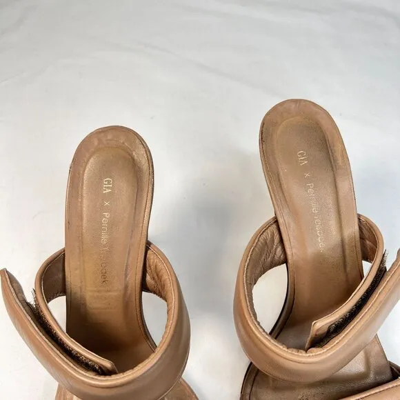 GiaBorghini Pernille Teisbaek Two-Band Puffy Slide Sandals Tan Leather 39.5