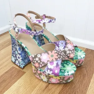 GIANNI BINI Ulti-Mate 70s Floral Platform Sandals Strappy Chunky Heel Size 8.5