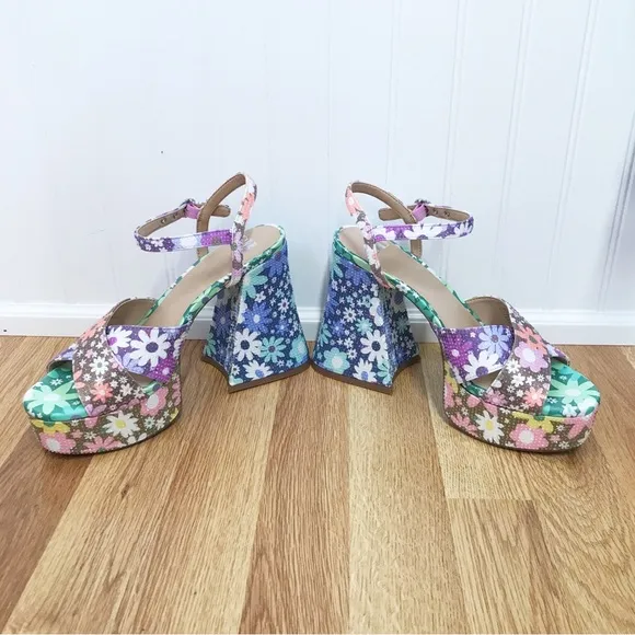 GIANNI BINI Ulti-Mate 70s Floral Platform Sandals Strappy Chunky Heel Size 8.5