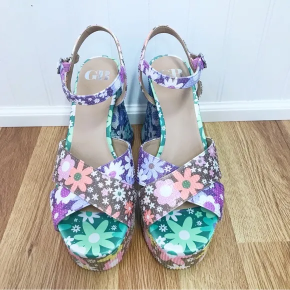 GIANNI BINI Ulti-Mate 70s Floral Platform Sandals Strappy Chunky Heel Size 8.5
