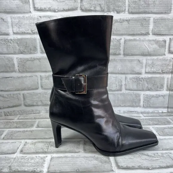 Gianni Bini Women's Size 10 M Black Leather Side Zip Mid Calf  Heel Boots