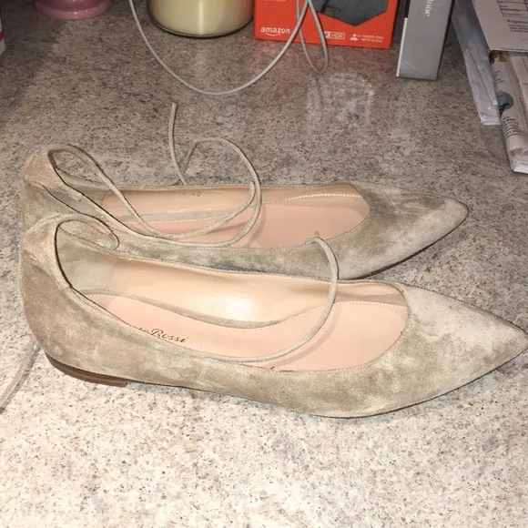 GIANVITO ROSSI TAN SUEDE EUC ANKLE TIE UP BALLET FLATS SIZE 40