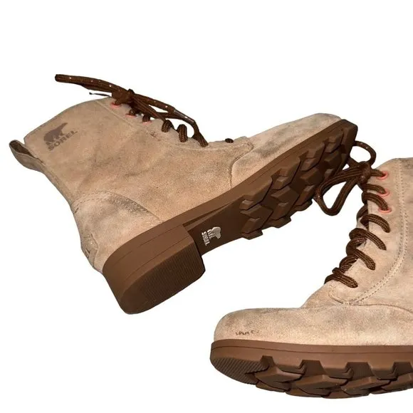 Girls Sorel Tan Suede Combat Style Boots Waterproof Tie Zip Side Size 2Y