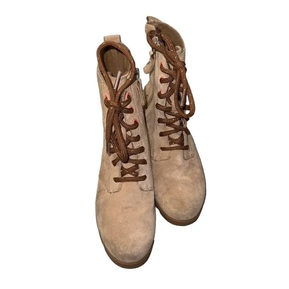 Girls Sorel Tan Suede Combat Style Boots Waterproof Tie Zip Side Size 2Y
