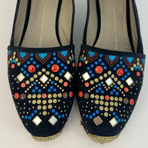 Giuseppe Zanotti Black Embellished Espadrilles Flats Shoes Suede Size 41 (US 10)