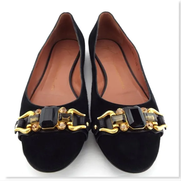 GIUSEPPE ZANOTTI Black Suede Jeweled Flats 39.5