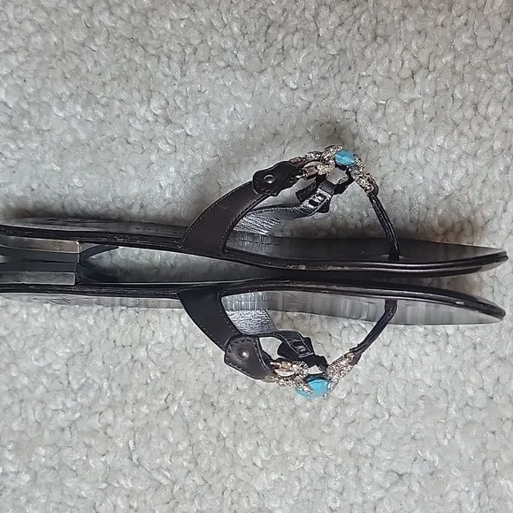 GIUSEPPE ZANOTTI Brown And  Bling Horseshoe And Turquoise Thong Slides Size 37