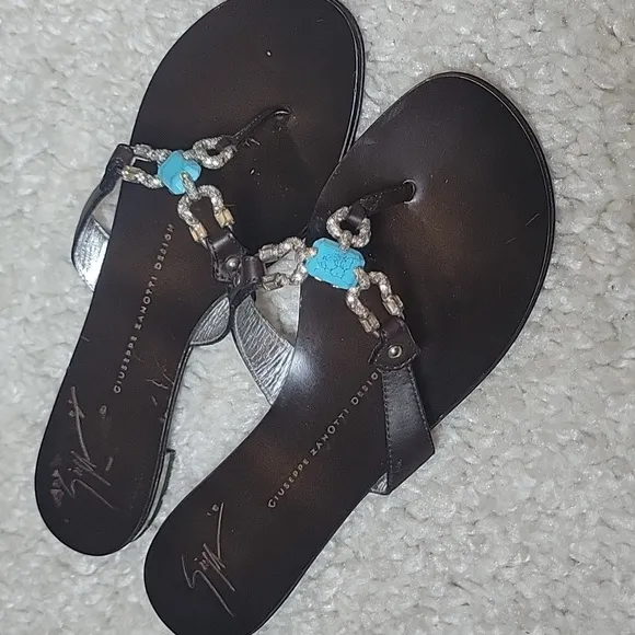 GIUSEPPE ZANOTTI Brown And  Bling Horseshoe And Turquoise Thong Slides Size 37