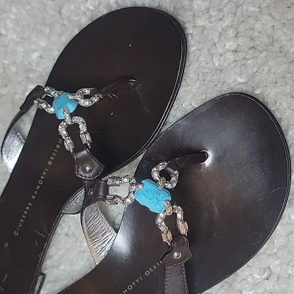 GIUSEPPE ZANOTTI Brown And  Bling Horseshoe And Turquoise Thong Slides Size 37