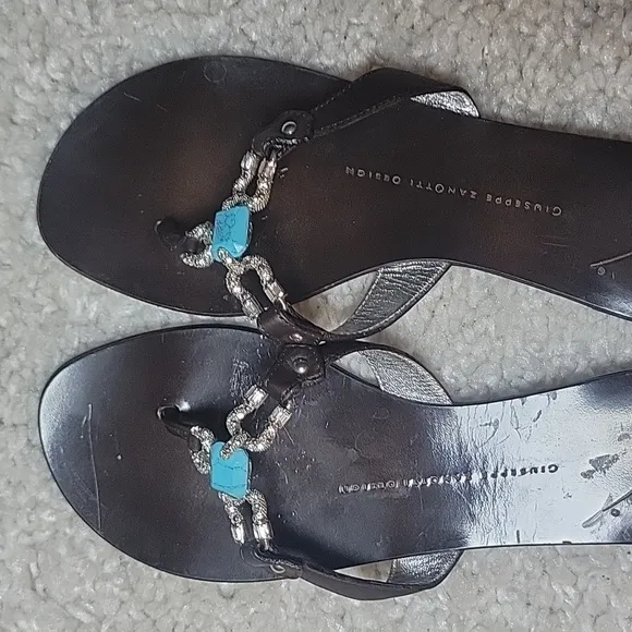 GIUSEPPE ZANOTTI Brown And  Bling Horseshoe And Turquoise Thong Slides Size 37