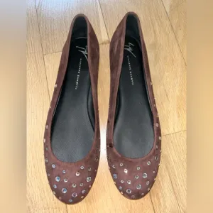 Giuseppe Zanotti Brown Suede with Crystals Women's Ballet Flats Size 39 NWOT