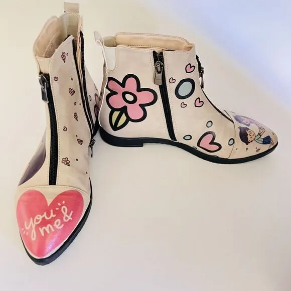 GOBY Women's Size 8.5 EU 39 Sweet Couple Ankle Boots Floral Tan Side Zip $145