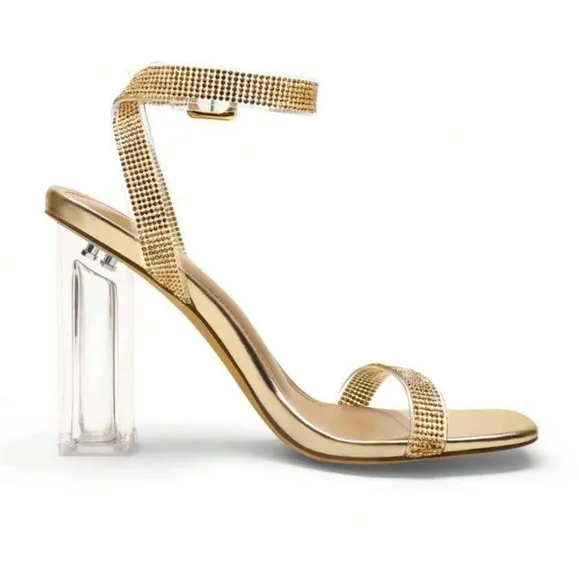 Gold Chunky Heel Sandals with Clear Straps