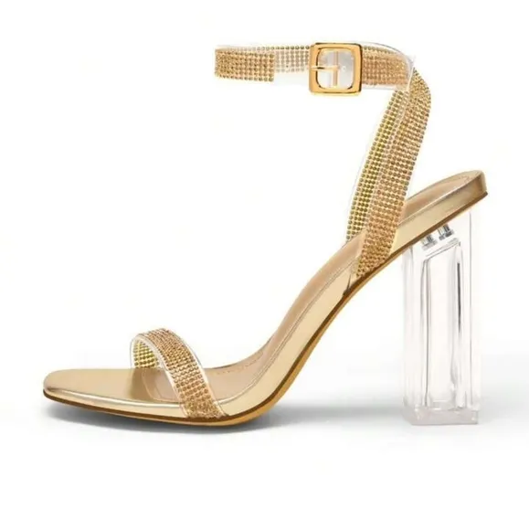 Gold Chunky Heel Sandals with Clear Straps