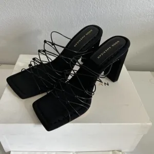 Good American Black High Heel Slide Sandals Neoprene Caged Mule New Size 9.5