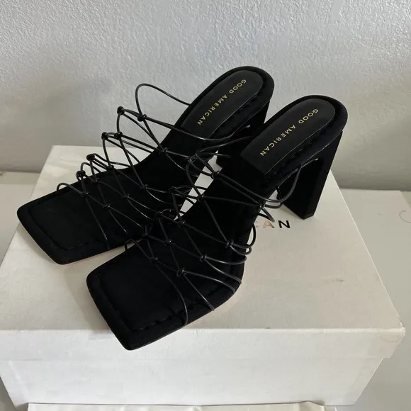 Good American Black High Heel Slide Sandals Neoprene Caged Mule New Size 9.5