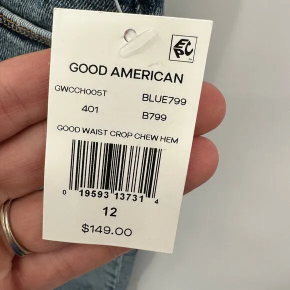 GOOD AMERICAN NWT Good Waist Crop Denim Jean in Blue799 // 12