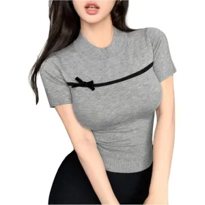GORGLITTER Women's Grey Sleeve Crewneck Knit Pullover Top