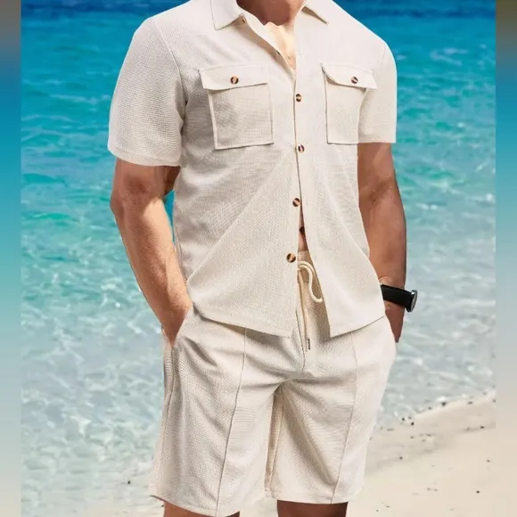 Gray Button Down Shirt and Shorts Set