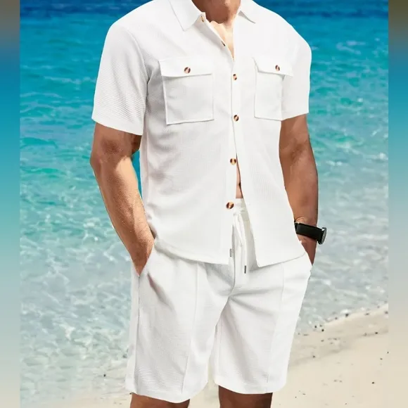 Gray Button Down Shirt and Shorts Set