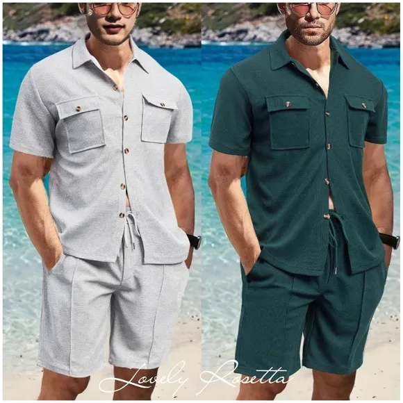 Gray Button Down Shirt and Shorts Set