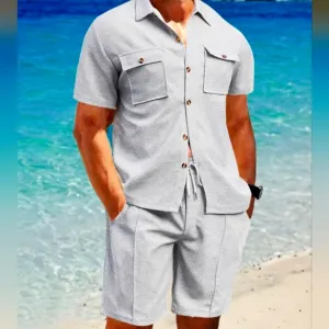 Gray Button Down Shirt and Shorts Set