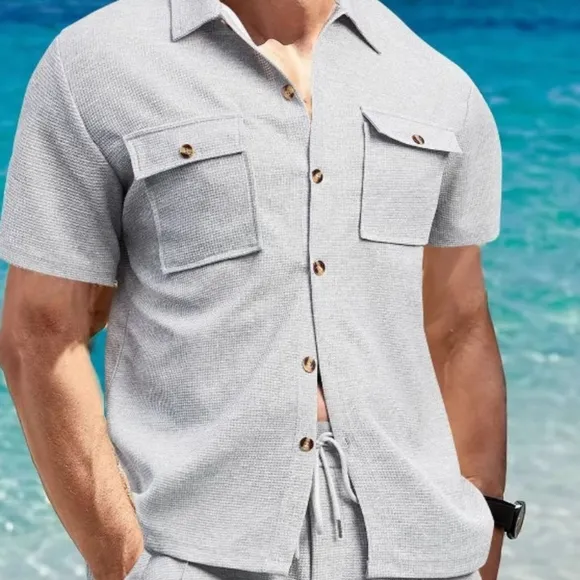 Gray Button Down Shirt and Shorts Set