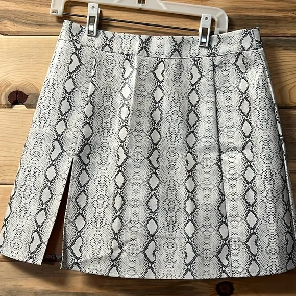 Grey Snake Print Button Side Faux Leather Mini Skirt