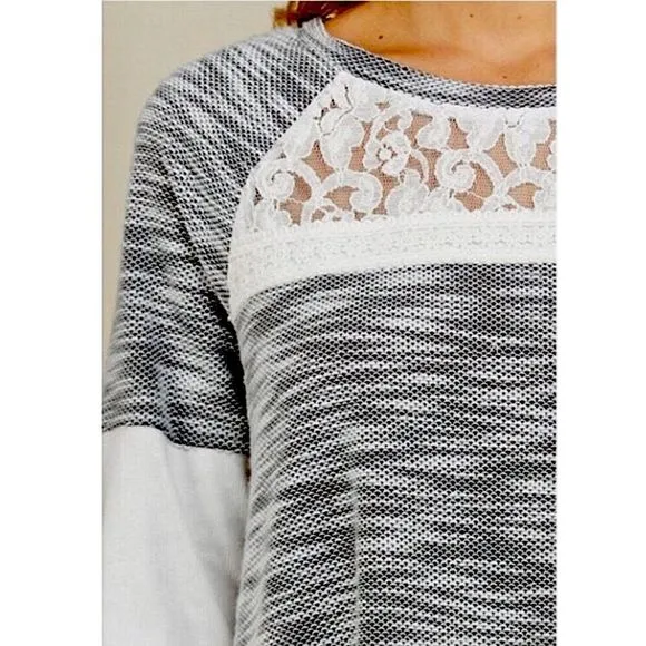 Grey Marled Knit Lace Accent Tunic Sweater M-XXL
