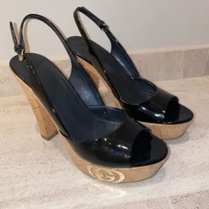 Gucci black patent leather platform sandals