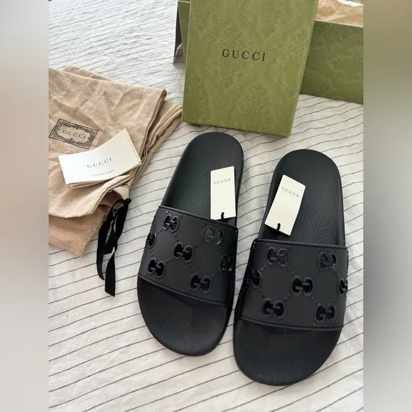 Gucci Black Rubber GG Logo Pursuit Slides Black Womens Size Us 8.5