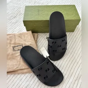 Gucci Black Rubber GG Logo Pursuit Slides Black Womens Size Us 8.5