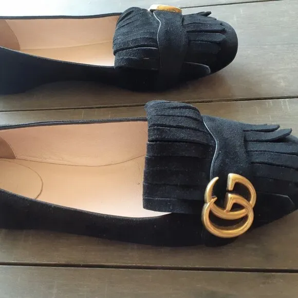 Gucci GG logo Marmont black suede kiltie loafers flats EUC 39 FIRM