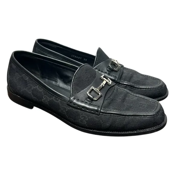 GUCCI Horsebit Loafers Black Leather GG Logo Monogram Canvas Silver Size 39 EU