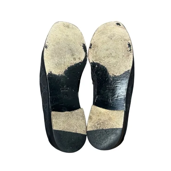 GUCCI Horsebit Loafers Black Leather GG Logo Monogram Canvas Silver Size 39 EU