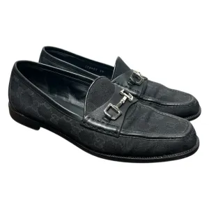 GUCCI Horsebit Loafers Black Leather GG Logo Monogram Canvas Silver Size 39 EU